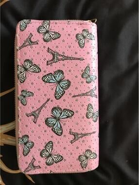 Pink Butterfly and Eiffel Tower Zip-Around Wallet
